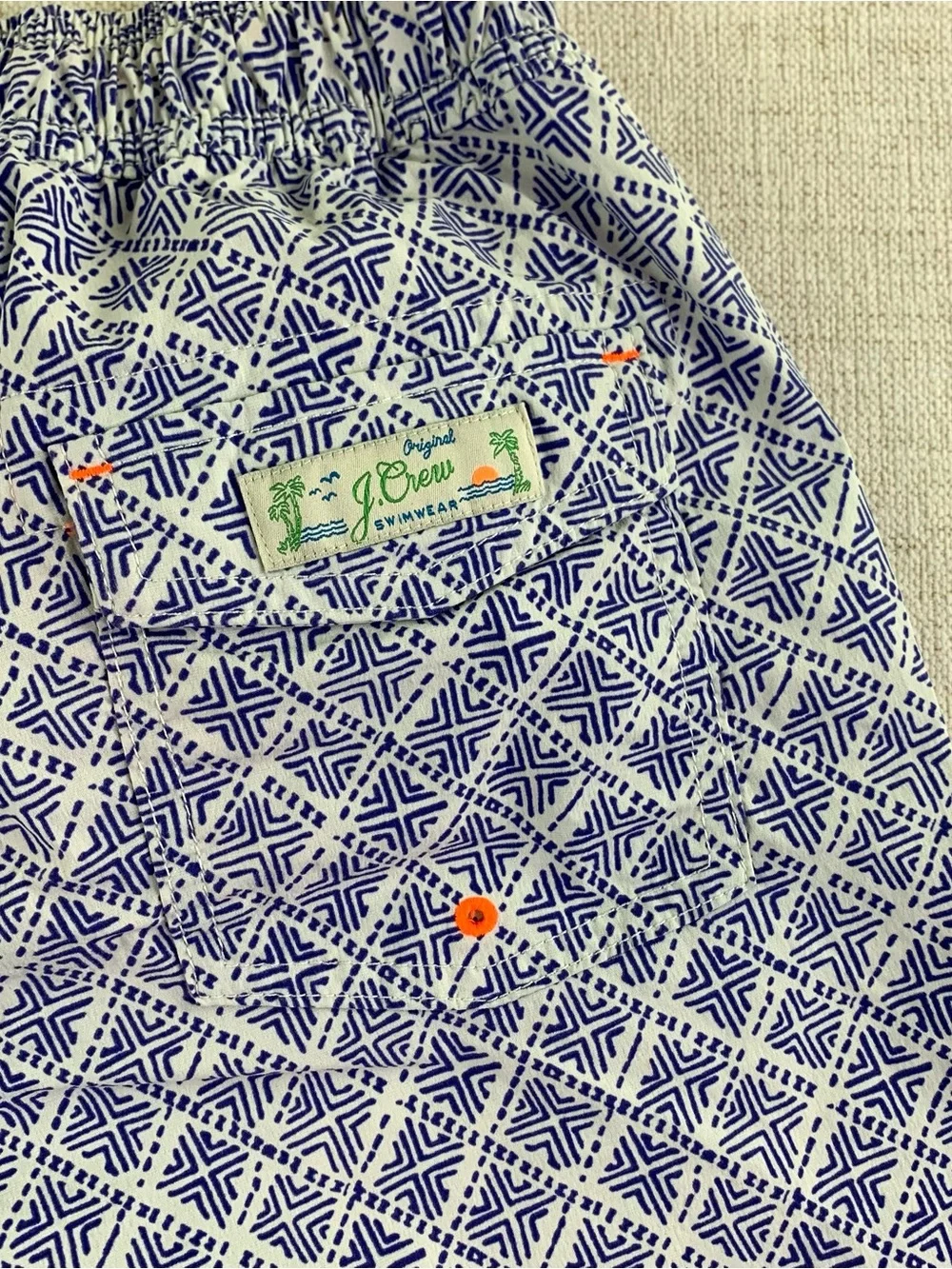 Crewcuts Blue Geometric Swim Trunks with Coral Drawstring